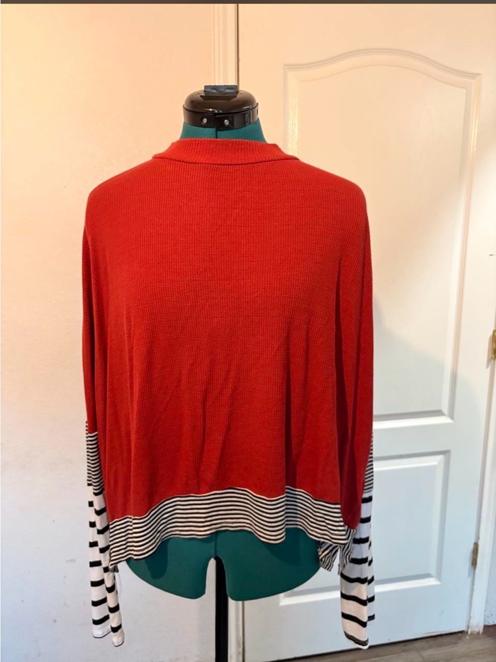 Lovely Melody Red Sweater with Black & White Striped Hem